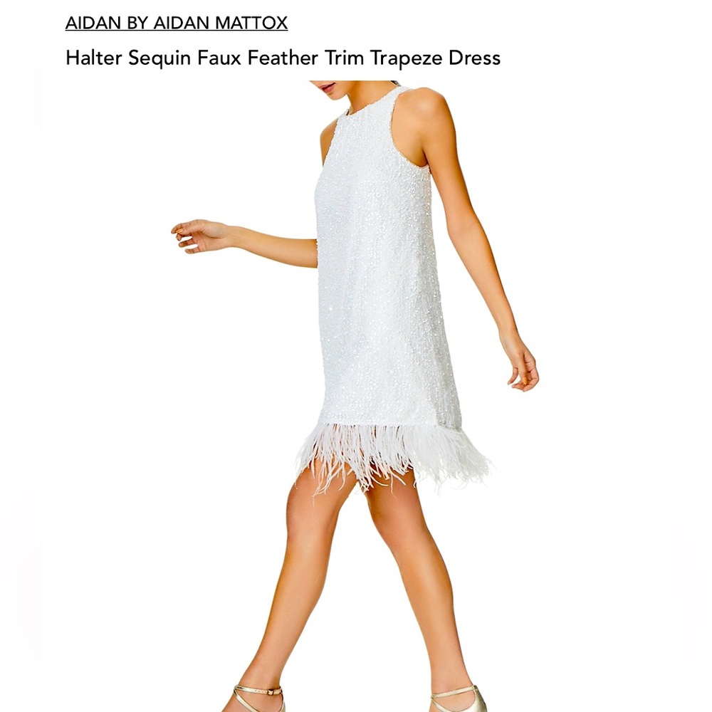 AIDAN MATTOX — Halter Sequence Dress with Feather Trim — size 4